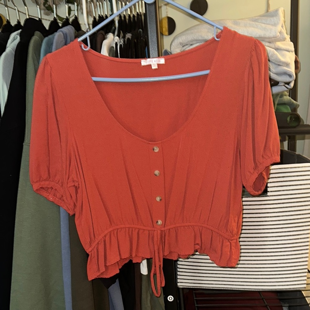Burnt Orange Buttoned Crop Blouse with Stretchy Ruffled Hem